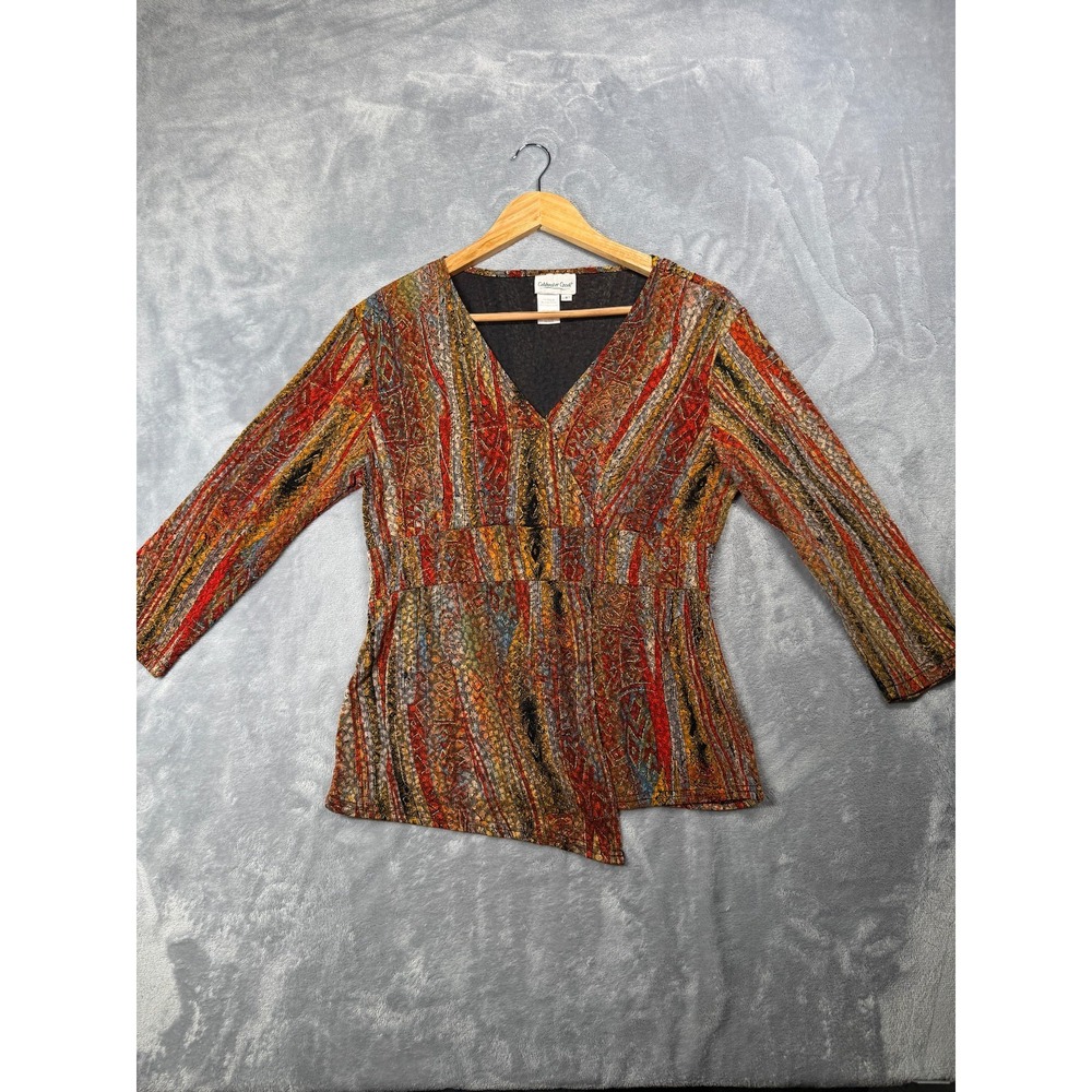 Coldwater Creek Top Womens Small Multicolor Abstract Stretch Surplice Neck Lined